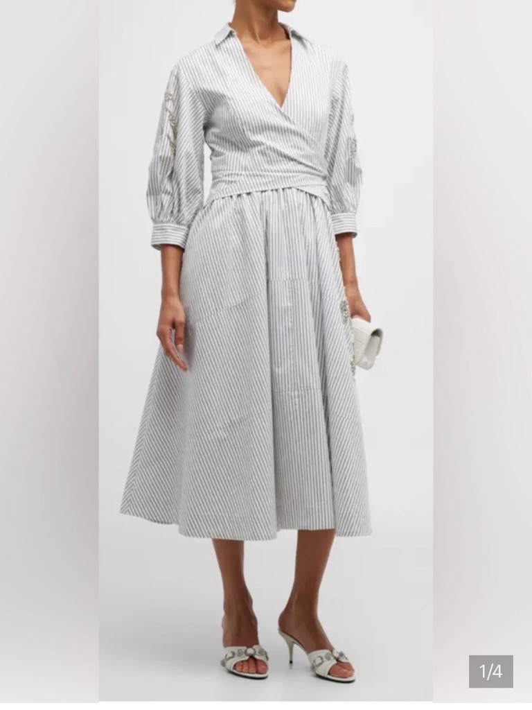 Cinq A Sept Striped Wrap Midi Dress In White And Gray